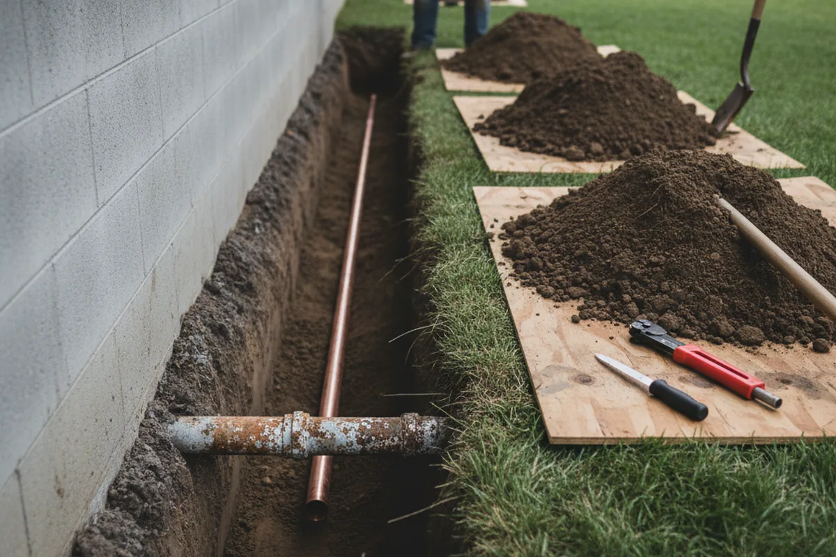 Excavated water line trench during Water Softener Installation in South Bay